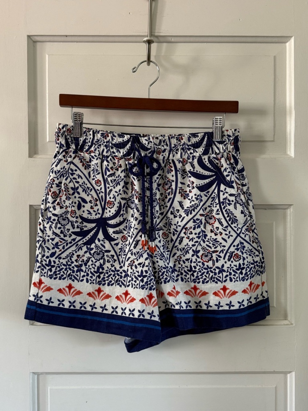 Joie White Navy and Orange Floral Print Drawstring Shorts